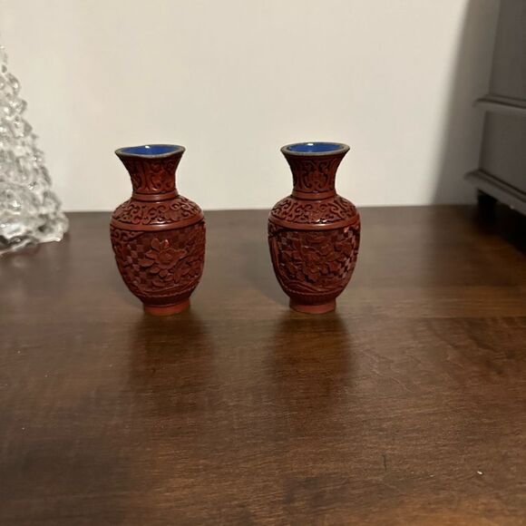 Chinese Cinnabar Pair Of Flower Landscape Vase - Picture 3 of 7